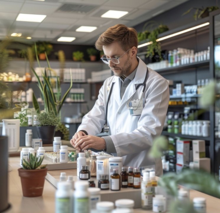 Long shot of a male pharmacist from Norway conducting a routine check-up in a spacious, contemporary pharmacy. The scene captures the open layout and overall atmosphere. Realistic and cinematic. Award-winning photography. Advertising photography. Commercial photography. --chaos 13 --ar 16:9 --style raw --stylize 300 Job ID: c03edb19-a6da-4534-927e-78ba6e4b4868